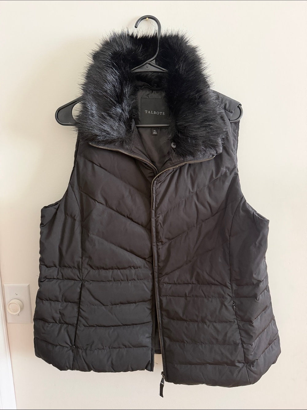 Talbots Black Quilted Puffer Vest with Removable Faux Fur Collar